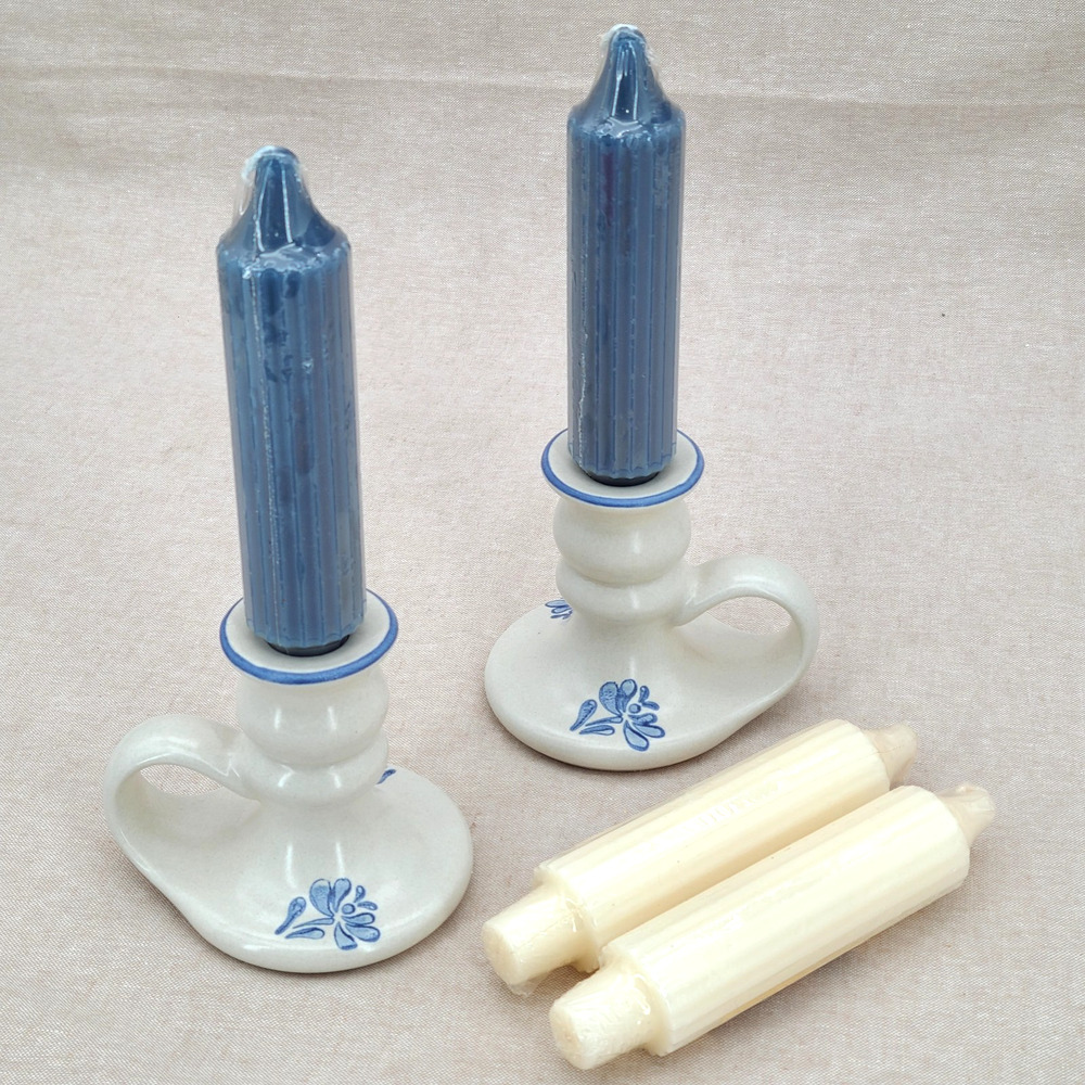 Pfaltzgraff Yorktowne Candle Stick Holders Stoneware Vintage Set 2 w/ 4 candles